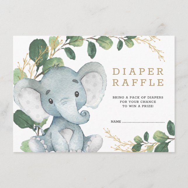 Soft Greenery Gold Baby Elephant Diaper Raffle Enclosure Card (Front)