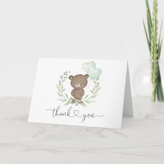 Soft Greenery Teddy Bear Baby Shower Thank You Card (Front)