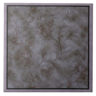 Soft grey and lavender floral scroll design ceramic tile