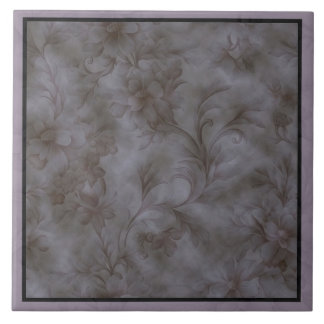 Soft grey and lavender floral scroll design ceramic tile