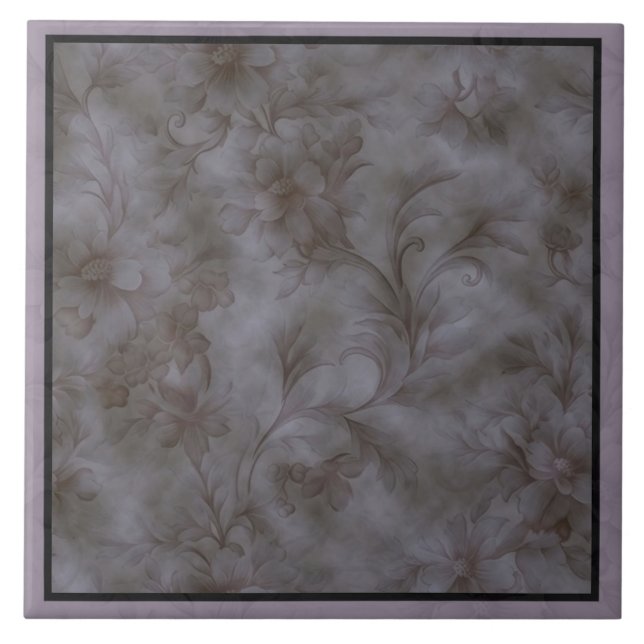 Soft grey and lavender floral scroll design ceramic tile (Front)