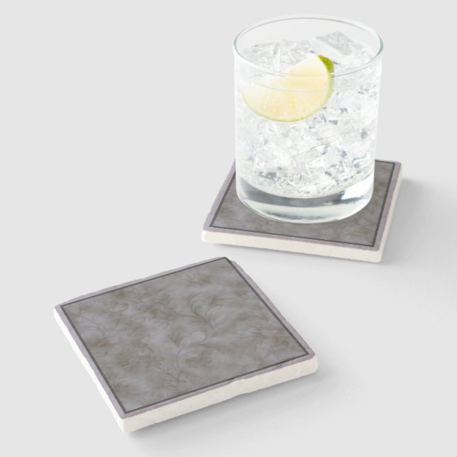 Soft grey and lavender floral scroll design stone coaster (Side)