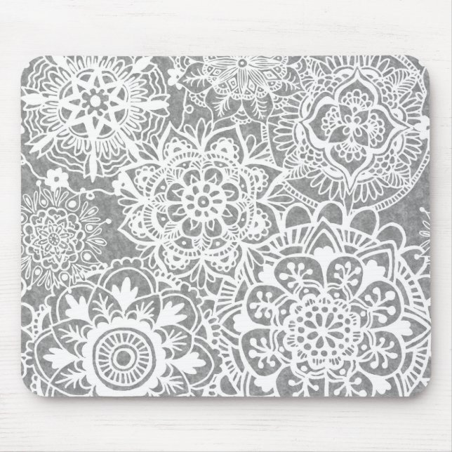 Soft Grey and White Mandala Pattern Mouse Pad (Front)