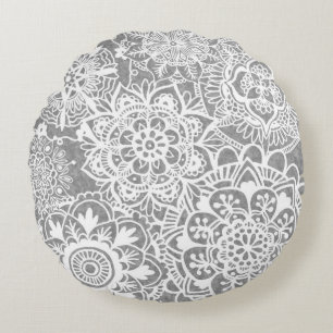 Soft Grey and White Mandala Pattern Round Cushion