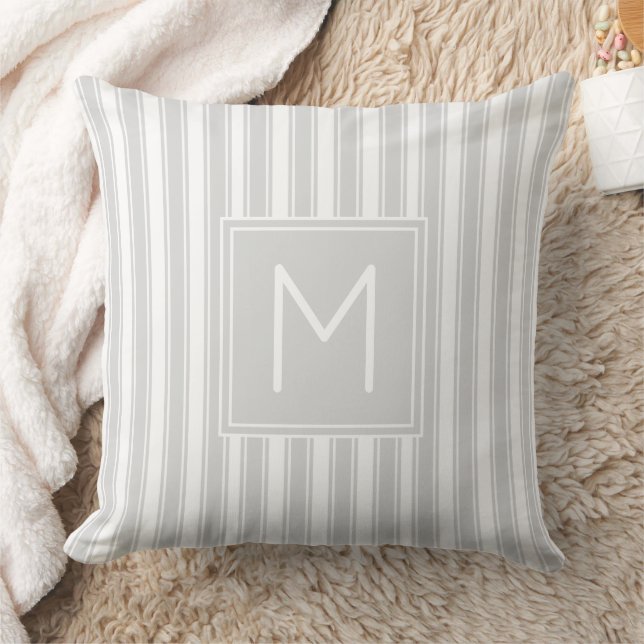 Soft Grey and White Ticking Stripe Monogram Cushion (Blanket)