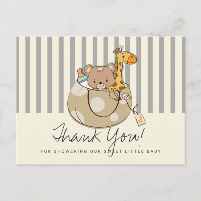 Soft Grey Baby Animals Baby Shower Thank You Postcard (Front)
