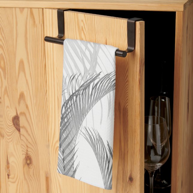 Soft Grey Black White Feather Palm Bliss 1 Tea Towel (Thirds Fold)