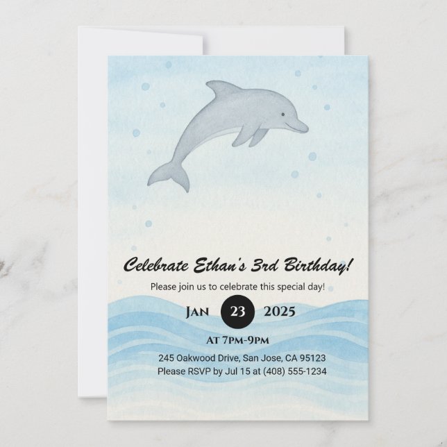 Soft Grey Dolphin Minimal Ocean Birthday  Invitation (Front)