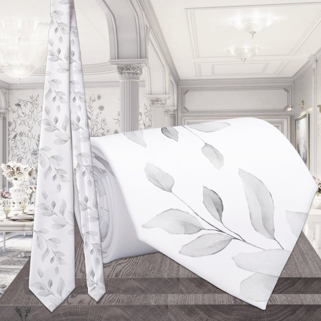 Soft Grey Eucalyptus On Pure White Wedding Tie (Creator Uploaded)