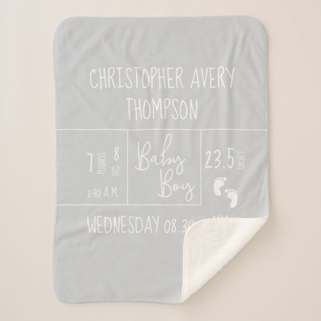Soft Grey Modern Typography baby boy birth stats Sherpa Blanket (Front)