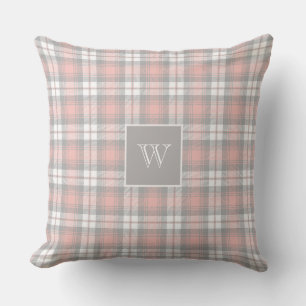 Soft Grey Pink Monogram Gingham Girly Plaid Cushion
