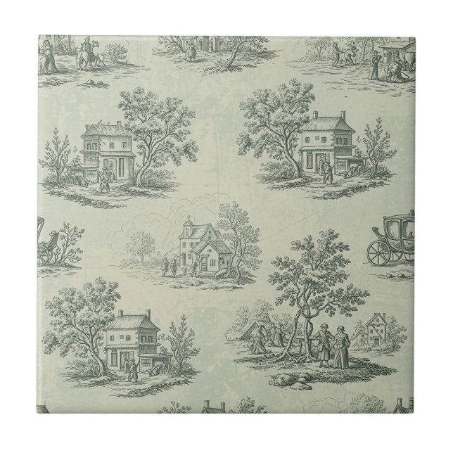Soft Grey Rustic Farm Toile Countryside Ceramic Tile (Front)