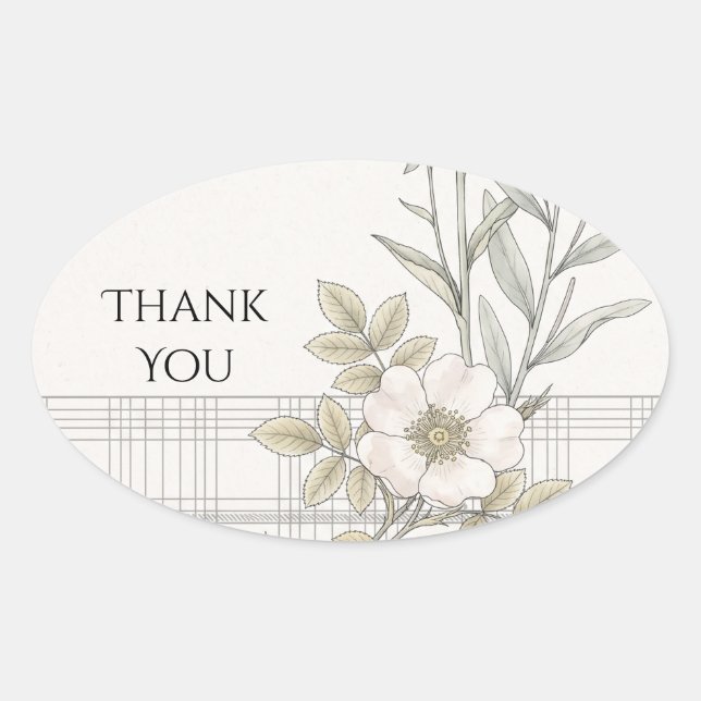 Soft Grey Tartan Rose Wedding Thank You Sticker (Front)