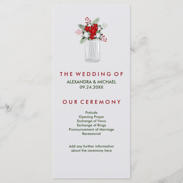 Soft Grey Winter Holiday Mason Jar Wedding Program (Front)