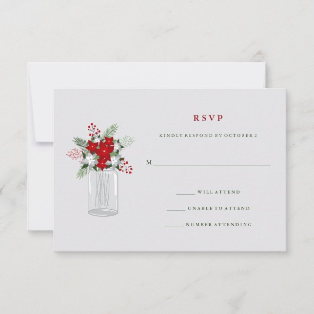 Soft Grey Winter Holiday Mason Jar Wedding RSVP Card (Front)