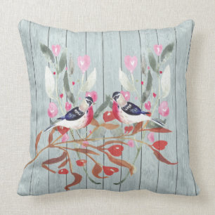 Soft Grey Wood Barn Effect Birds Flowers Large Cushion