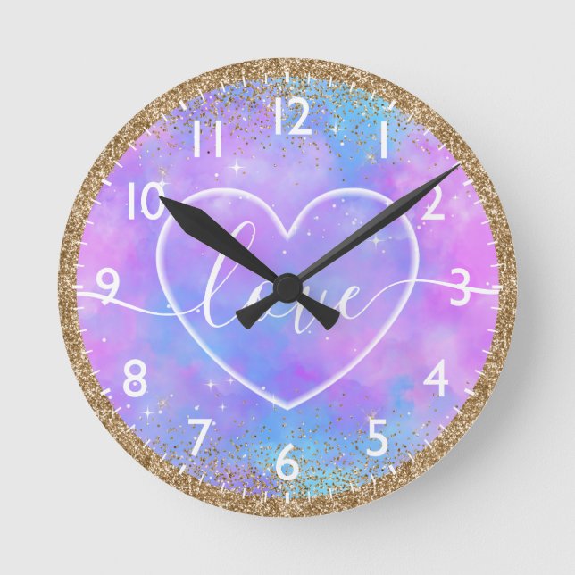 Soft Heart on pastel gradient ombre Love Round Clock (Front)