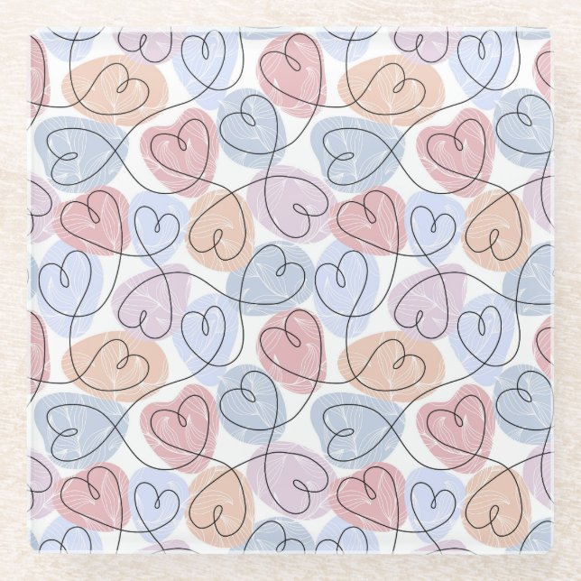 Soft Hearts: Continuous Line Valentine's Glass Coaster (Front)