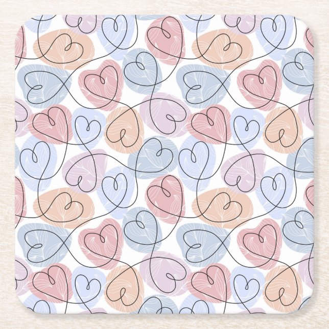 Soft Hearts: Continuous Line Valentine's Square Paper Coaster (Front)