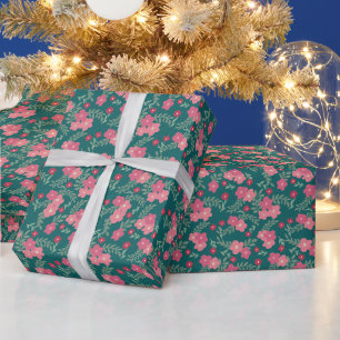 Soft Holiday Floral Pattern – Pink, Red, Teal Wrapping Paper