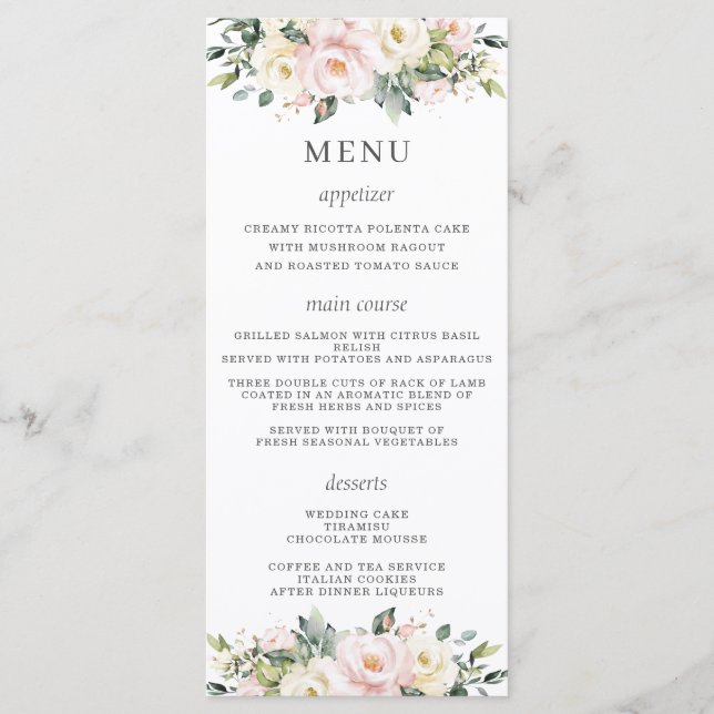 Soft Hued Blush Pink Ivory Floral Wedding Menu (Front)