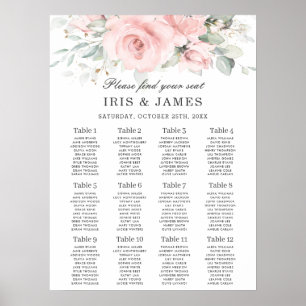 Soft Hued Pink Floral Leafy Wedding Seating Chart