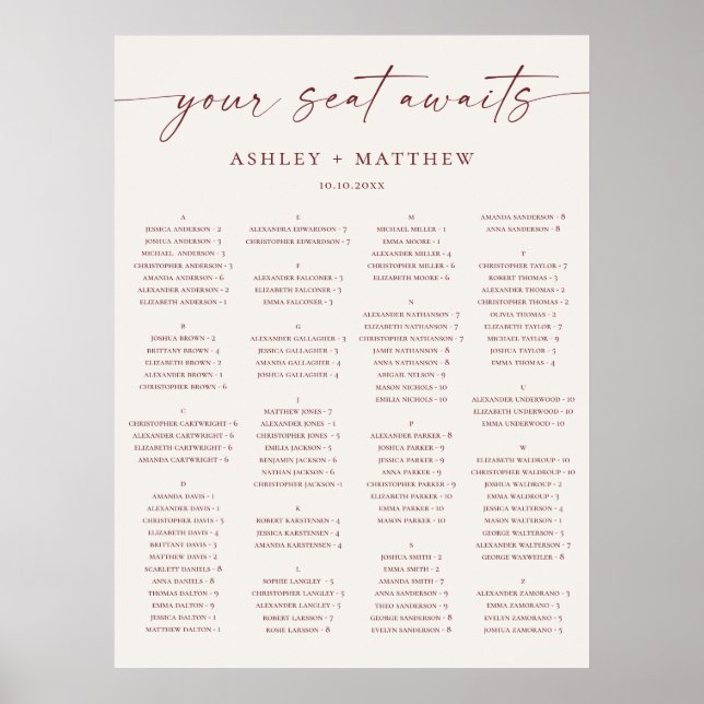 Soft Ivory Alphabetical Wedding Seating Chart (Front)