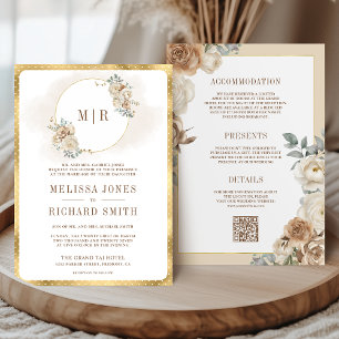 Soft Ivory Beige Floral Gold All in One Wedding Invitation