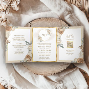 Soft Ivory Beige Floral Gold All in One Wedding Tri-Fold Invitation