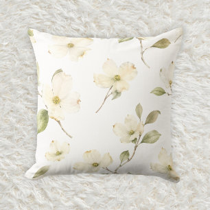 Soft Ivory Dogwood Botanical Watercolor Pattern Cushion