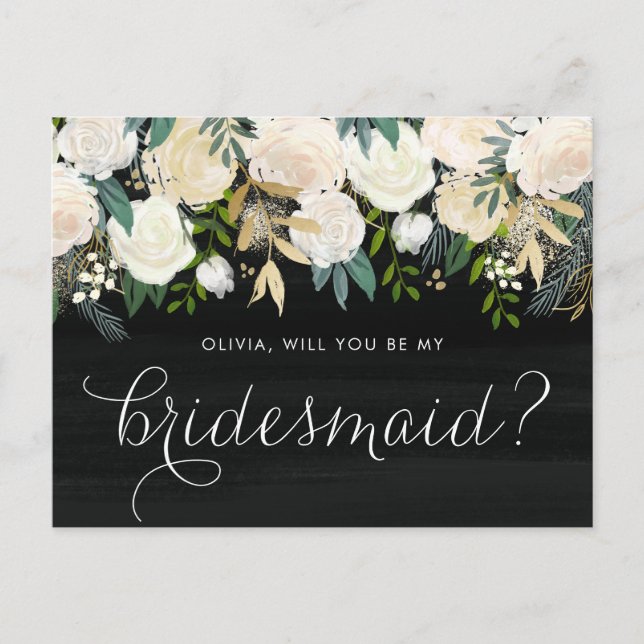 Soft Ivory Floral Garland Rustic Be My Bridesmaid Invitation Postcard (Front)