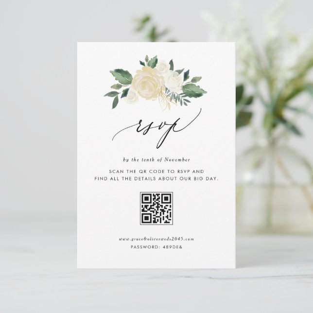 Soft Ivory Flowers and Greenery Wedding QR Code RSVP Card (Standing Front)