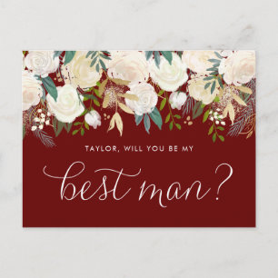 Soft Ivory Flowers Red Will You Be My Best Man Invitation Postcard