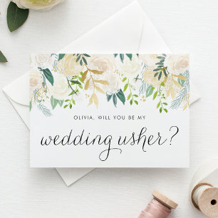 Soft Ivory Flowers Will You Be My Wedding Usher Card