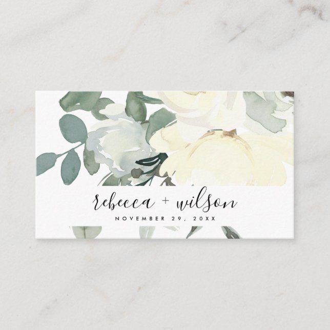 SOFT IVORY WHITE AQUA FLORAL WEDDING THANK YOU BUSINESS CARD (Front)
