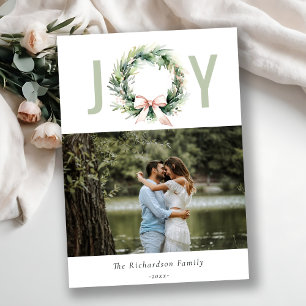 Soft Joy Blush Green Christmas Wreath Photo Holiday Card