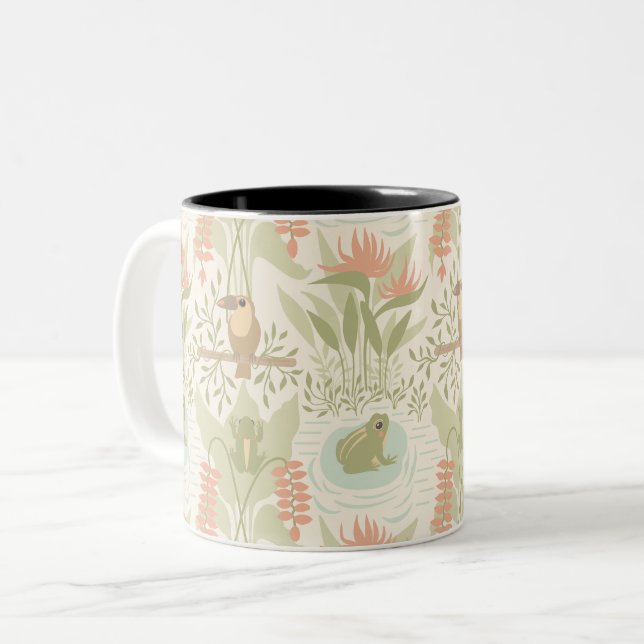 Soft Jungle Frogs & Birds Two-Tone Coffee Mug (Front Left)