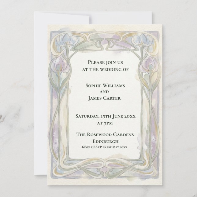 Soft Lavender Art Nouveau Wedding Invitation (Front)