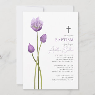 Soft Lavender Bubble Flowers Minimalist Baptism Invitation