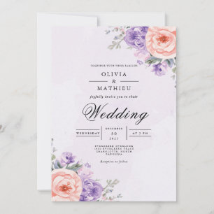 Soft Lavender Coral Floral Romance Wedding Invitation