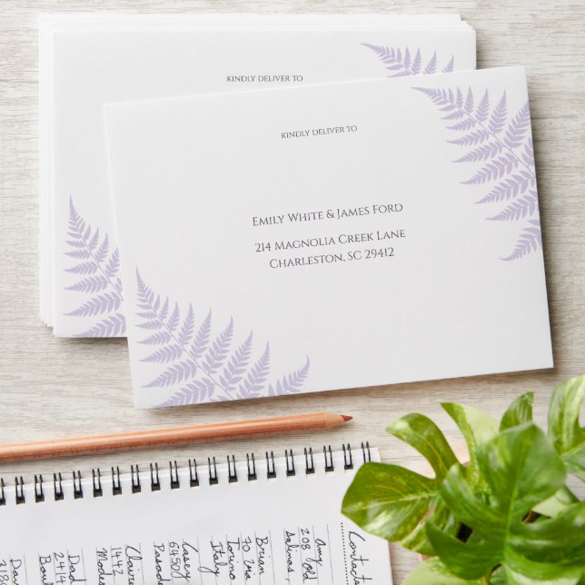 Soft Lavender Fern Addressed Wedding Invitation Envelope (Stacked)