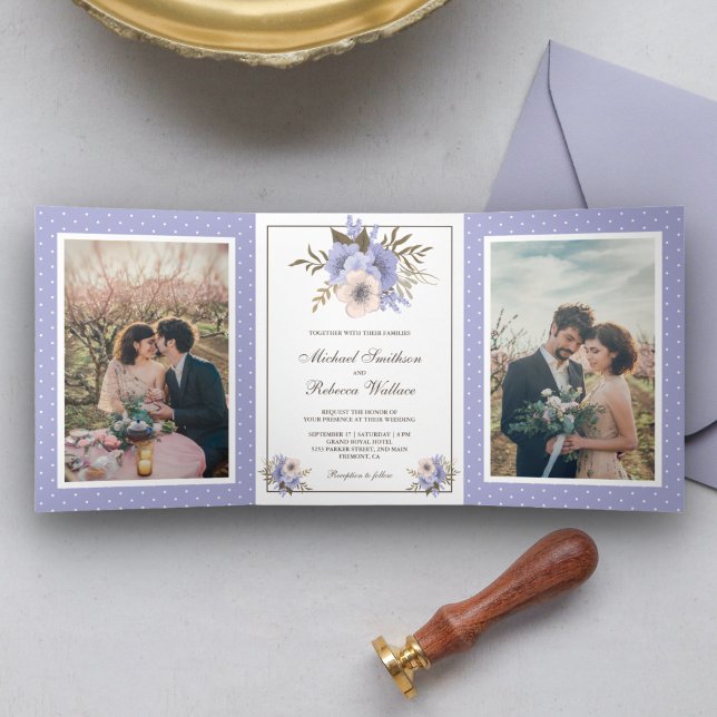 Soft Lavender Floral Wedding Photo Tri-Fold Invitation (Creator Uploaded)