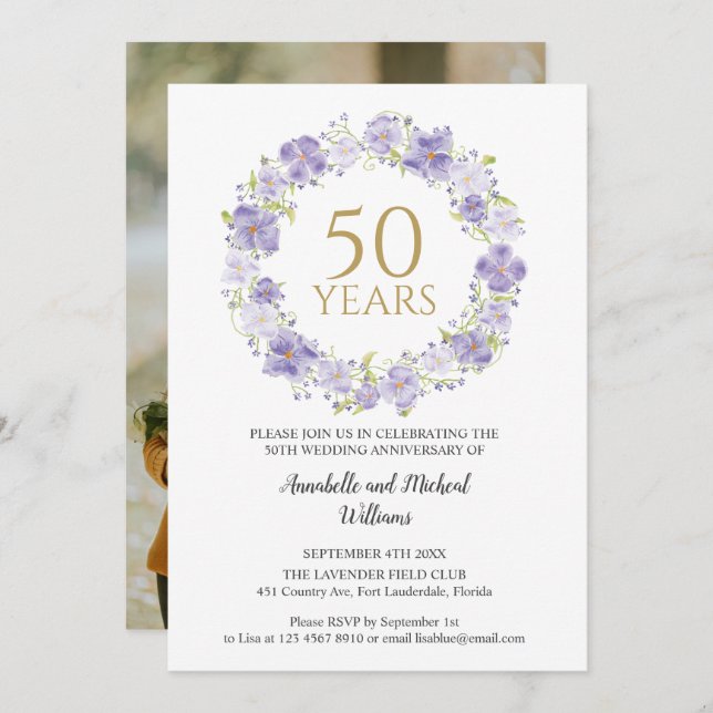 Soft Lavender Floral Wreath 50th photo Wedding  Invitation (Front/Back)