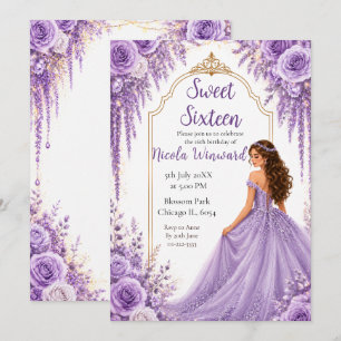 Soft Lavender Gold Floral Sweet Sixteen Party Invitation