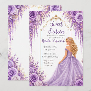 Soft Lavender Gold Floral Sweet Sixteen Party Invitation