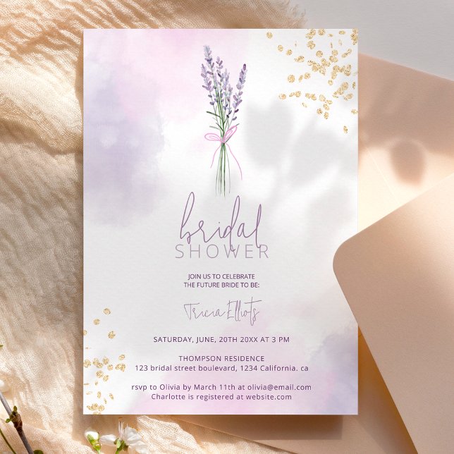Soft lavender gold glitter flowers bridal shower invitation (Creator Uploaded)
