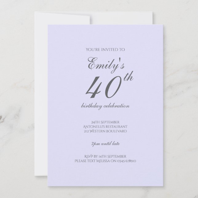 Soft  Lavender Minimalist 40th Birthday Invitation (Front)