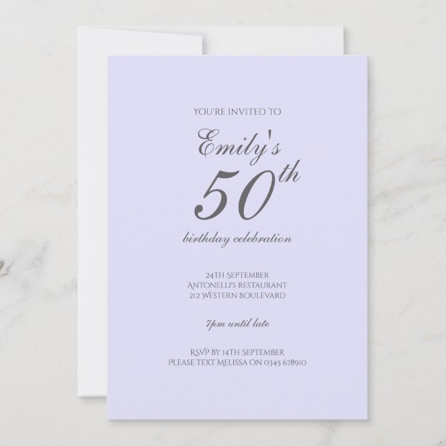 Soft Lavender Minimalist 50th Birthday Invitation (Front)