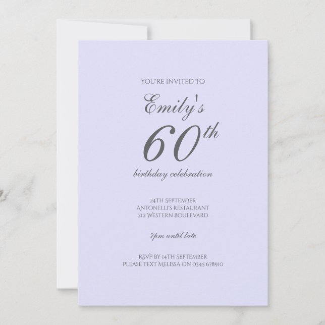 Soft Lavender Minimalist 60th Birthday Invitation (Front)