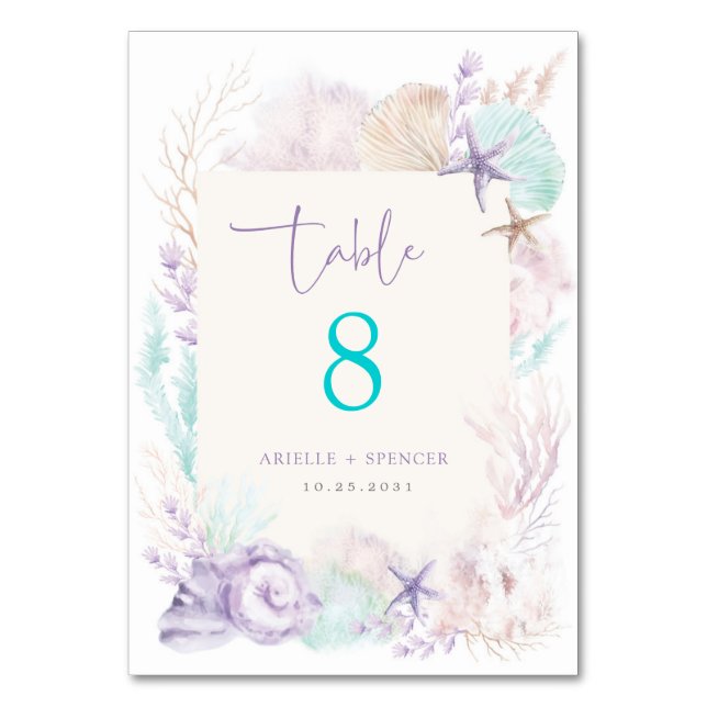 Soft Lavender Mint Ocean Wedding Table Number (Front)